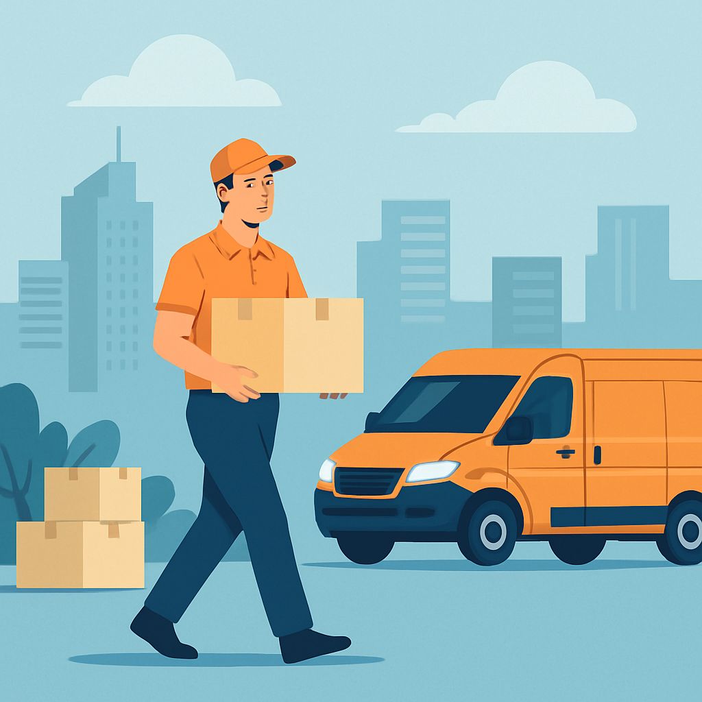 A friendly illustration of a courier on a red scooter delivering a package
